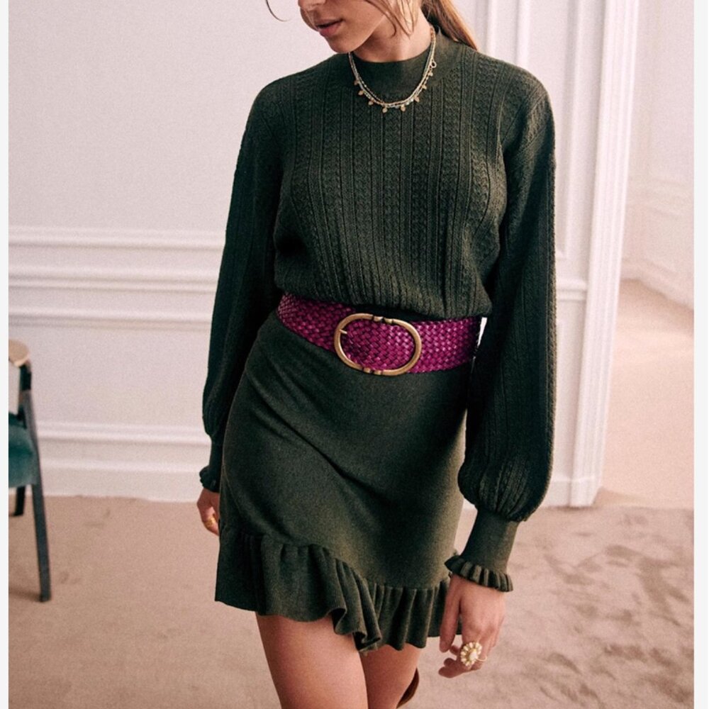 NEW Sezane Carlie Mini Dress Perfect Green Long Sleeves Knit French Soft